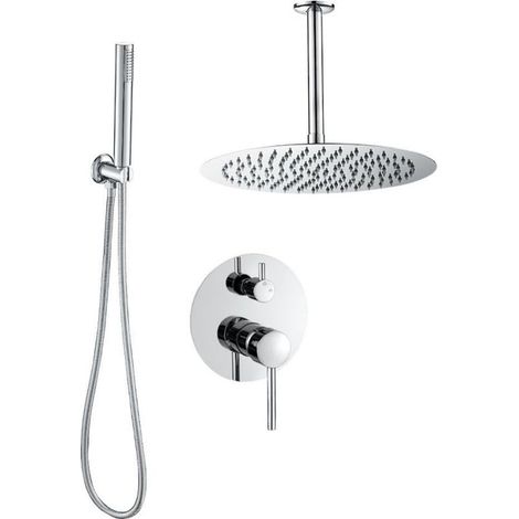 Colonne de douche encastrée chromée – Robinet mitigeur 2 voies en laiton – Tête de douche ronde 20cm extra-plate – Douchette flexible 150cm – Valaz
