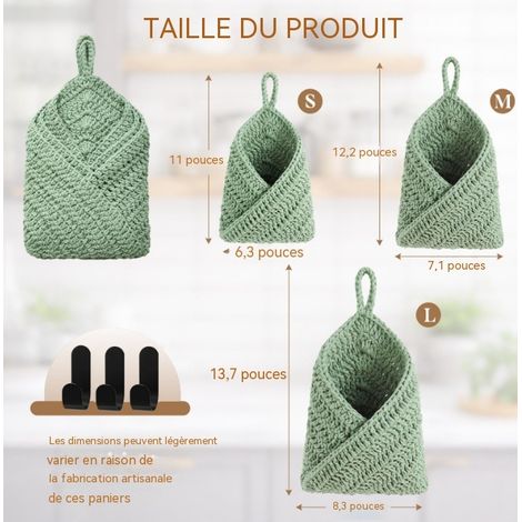 Panier à fruits en filet tressé à fixer au mur, vert, filet de rangement mural multifonction pour la cuisine, lot de trois pièces (1/5)