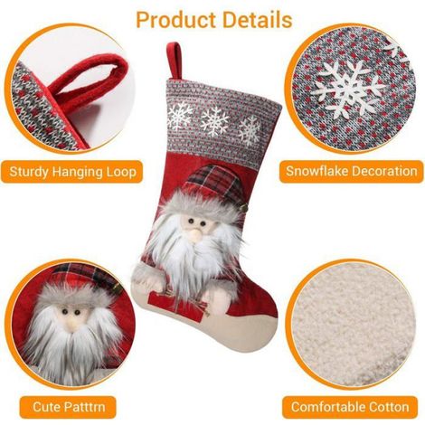 Lot de 3 Chaussettes de Noël, Design 3D, Boucle de Suspension, Flanelle, 22x46cm, Décoration Intérieure (1/4)