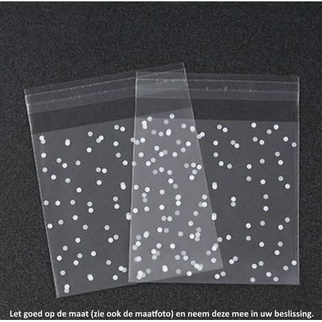 Lot de 50 sachets transparents à pois blancs - 10 x 10 cm - Avec bande adhésive - Pour friandises et biscuits - Emballage cadeau (1/5)