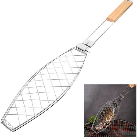 Panier à barbecue avec poignée amovible,panier poisson en pour camping et outil de multifonctionnel portable acier inoxydable (1/5)