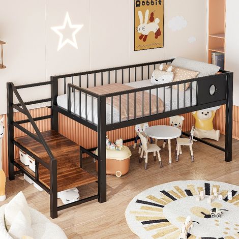 Niedriges Hochbett 90x200 cm Schwarz mit Aufbewahrungsleiter, stabiles Metallhochbett für Kinder und Jugendliche, Jugendbett mit Stauraum (1/5)