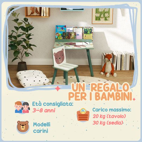 Lot de Table et Chaise pour Enfant avec Étagère de Rangement, en MDF et Pin, Couleur Verte (1/5)