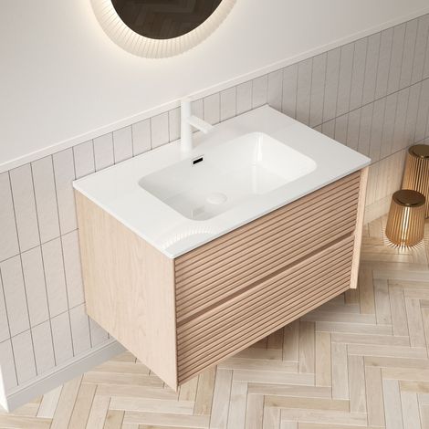 REDOM Meuble-lavabo mural avec vasque encastrée en céramique blanche deux tiroirs finition en bois de noyer cannelle (1/5)