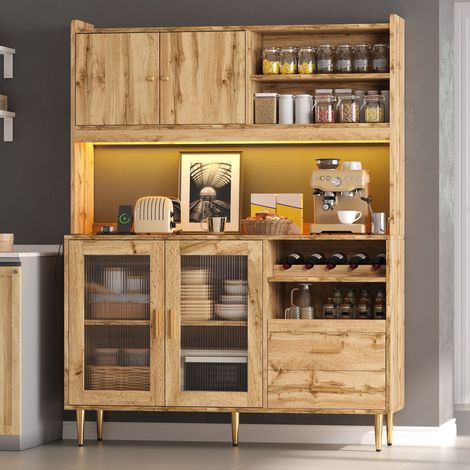 Buffet de cuisine haut 130x40x172 cm - éclairage led - extensible - port usb - grand rangement - rangement pour bouteilles - bois naturel (1/5)