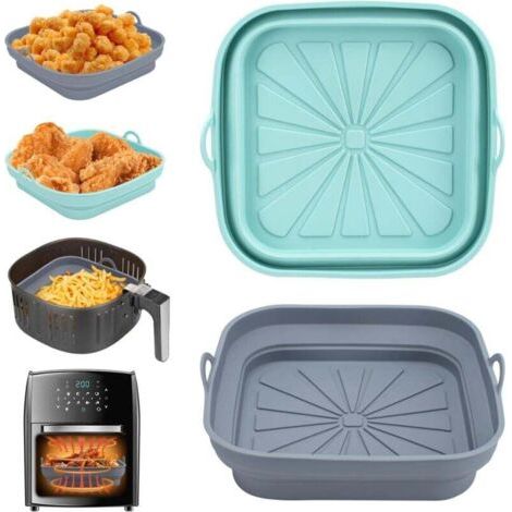 Pair ZVD-Moule Silicone Air Fryer, 2 Pièces Panier Moule pour Friteuse à Air Chaud Réutilisable Airfryer Pot Plat Carré Pliable Doublure Liner pour Friteuse Air, Micro-ondes, Four (Bleu+Gris) (1/4)