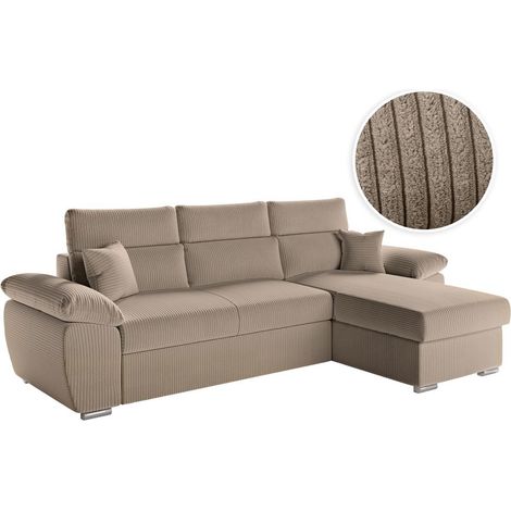 Loungitude – Canapé d'angle réversible convertible avec coffre et têtières réglables en velours côtelé – Taupe – Assise moelleuse et entretien facile (1/5)
