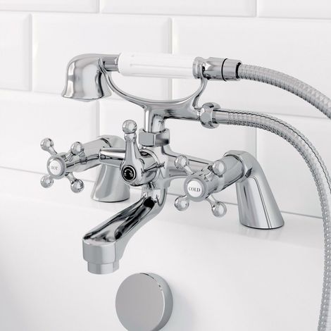 Traditional Bathroom Bath Shower Mixer Tap Brass Cross Head Handset Hose Chrome (1/7)