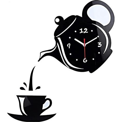 Murale 3D, Pendule Murales pour Cafés, Autocollant Miroir 3D Home Decor Horloge Murale Silencieuse (Pas De Batterie)Noir (1/4)