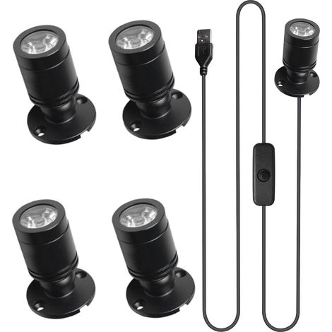 4 Pièces Spot LED, 3W USB Pivotant 360°, Aluminium Éclairage Accent, Blanc Chaud 3000K, Pour Vitrine Placard (1/5)