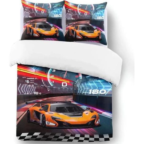 Housse de Couette - Voiture de Course - 200x200 cm - Microfibre - 2 Taies d\'oreiller - Enfant