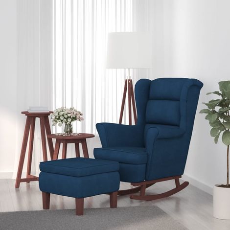 Chaise à bascule Fauteuil berçant - Chaise de salon avec pieds en bois et tabouret Bleu Velours BV955777 - BonneVie (1/5)