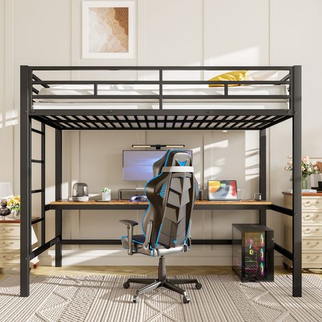 Letto rialzato bambini 90x200 cm con sponda di sicurezza, scala, tavolo con USB e presa elettrica, fascia luminosa LED, in metallo, senza materasso, nero (1/5)