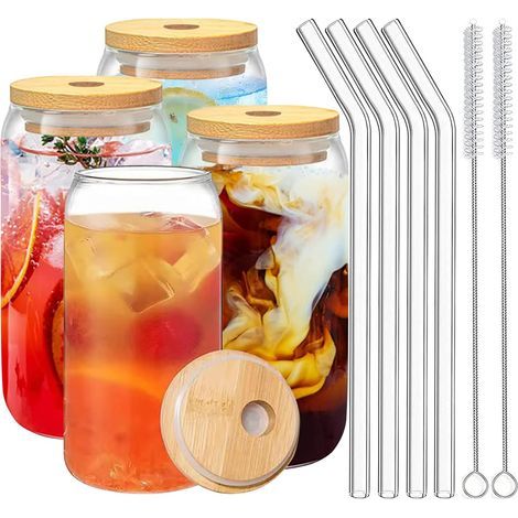 4er-Set Kaffeetassen, Glas, Bambusdeckel, Glasstrohhalm, 473 ml, für Zuhause (1/5)