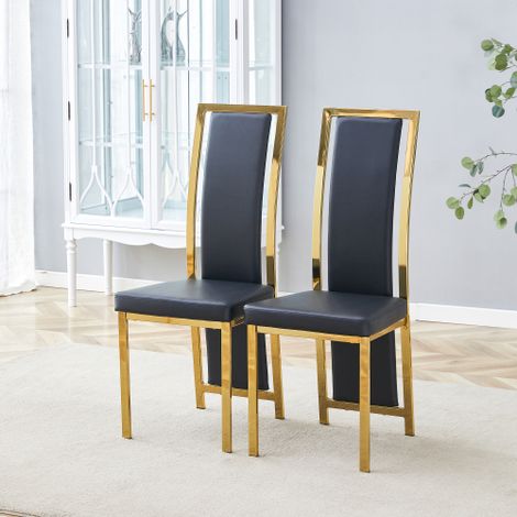 [Lot de 2] Chaises de salle à manger de style minimaliste européen (Accents dorés) — Cuir PU noir + Structure en métal doré brillant — Design polyvalent, adapté à divers environnements (salles à mange (1/4)