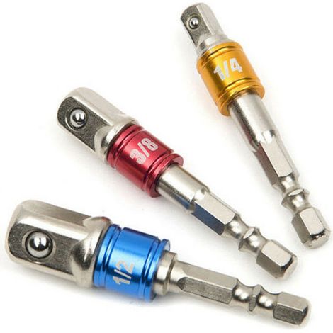 Lot de 3 adaptateurs de douille pour visseuse à chuck hexagonal 1/4" vers 1/4" 3/8" 1/2", pour perceuse à percussion (1/2)
