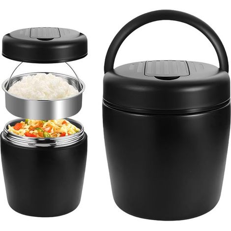 Recipiente térmico con aislamiento al vacío de 1500 ml, Acero inoxidable, Para picnics, colegios y oficinas, Negro (1/5)