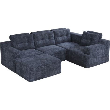 Divano modulare componibile in chenille blu con pouf, senza montaggio, 252 x 180 x 82 cm (1/5)