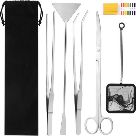 Lot de 7 outils d'aquascaping pour aquarium - En acier inoxydable - Accessoires de nettoyage - Pince à épiler - Ciseaux - Spatule de gravier - Filet de pêche et papie pH - Accessoires d'aquarium pour (1/5)