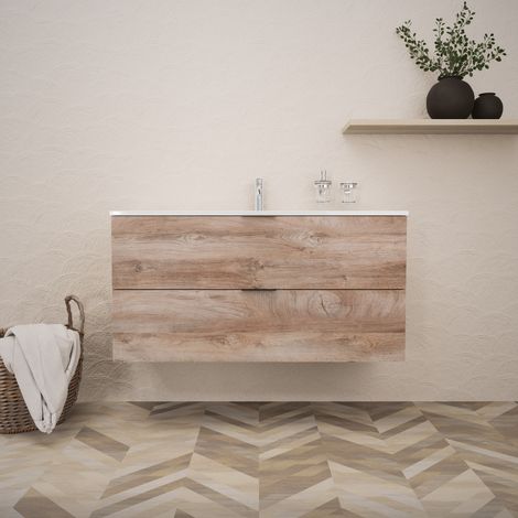 Inda - Badezimmerschrank B.120 mit glänzendem Waschbecken / Natureiche 2 Schubladen - Topazio