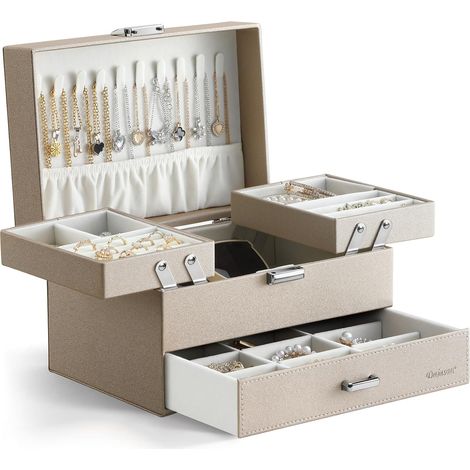 Coffret Bijoux Dajasan PU Champagne, 3 Niveaux 1 Tiroir, 5 Fentes Bagues, 10 Crochets Chaînes (1/5)