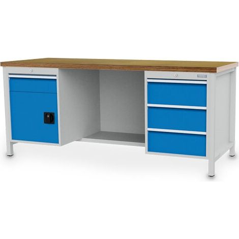 Kastenwerkbank Breite 2000 mm, R18-24, 4 x Schublade, 1 x Flügeltüre, 1 x Stahlfachboden halbe Tiefe, Rückwand Maße in mm (BxTxH): 2000 x 750 x 959 (1/4)