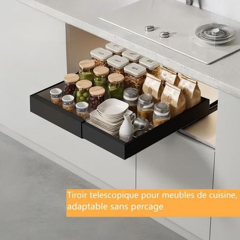 Tiroir coulissant extensible pour cuisine – Lot de 1 – Réglable de 32 à 52 cm – Profondeur 42 cm – Sans perçage avec adhésif – Acier au carbone – Noir – Home Nature Wohnkonzept (1/5)