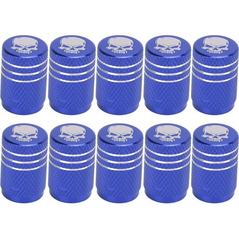 Aramox Reifenventil, Auto-Reifenventilkappe, Totenkopf-Reifenventilkappen, 10er-Set, rotes Ventilwerkzeug (blau).