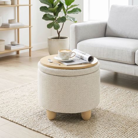 Pouf coffre rangement rond toile jute repose-pieds couvercle pieds bois hévéa beige. Pouf en jute pour un style naturel, authentique et confortable. (1/5)