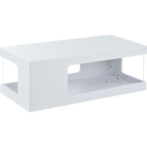 Table basse de salon 50x100x35 cm, table à thé ajourée avec étagères en verre trempé, LED intégrée, blanche en panneaux de particules (1/4)