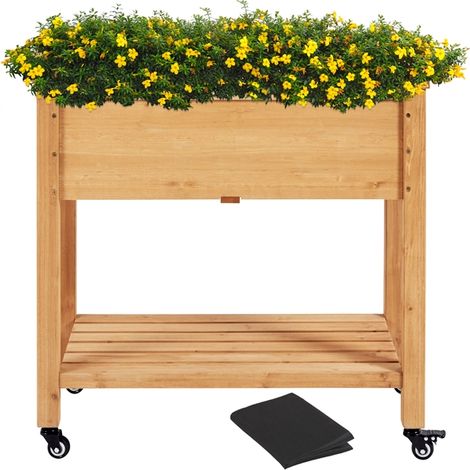 Yaheetech Fioriera/Aiuola Rialzata da Esterno Balcone Orto Letto Rialzato da Giardino per Piante in Legno Abete Naturale con Ruote Ripiano 87 x 47 x 83,5 cm
