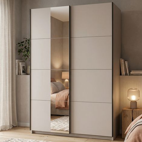 Großer Kleiderschrank Pasturo, Schlafzimmer-Garderobe, 2 Regale, Schiebetüren, 145,5x217,5h cm, Cremeweiß (1/5)
