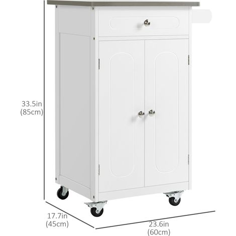 Petit chariot de cuisine avec tiroir de rangement et plateau en acier inoxydable, sur roulettes, blanc, idéal pour la salle à manger et la cuisine. (1/5)