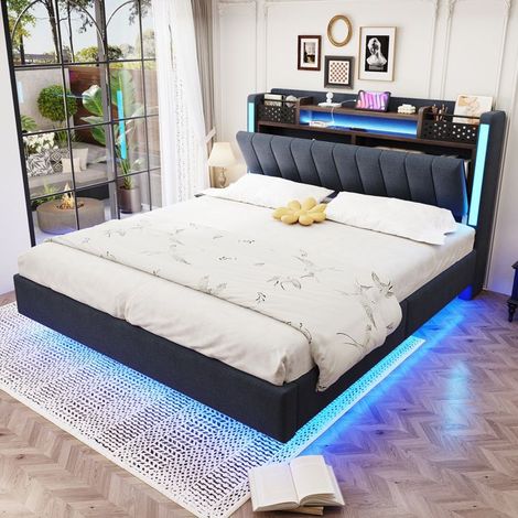 Lit 140x200 capitonné gris en lin avec éclairage LED et port USB — sommier inclus, sans matelas (1/5)
