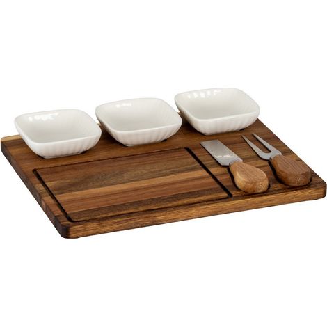 Acacia Cheese Board Set with White Ceramic Bowls And Cutlery - L22 x W27 x H3 cm - Brown