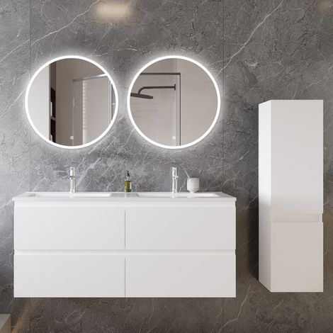 Ocean Sanitaire – Ensemble meuble de salle de bain 120cm – Lavabo rond LED 121.5cm – Miroir LED 60cm – Meuble colonne 110cm – MDF blanc (1/5)