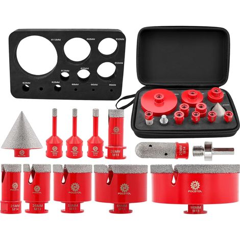 Foret Diamant Carrelage Kit - 12 pièces (6/6/8/20/25/35/50/68/110mm+20mm Fraise+50mm Mèches Chanfrein Biseautées+Adaptateur) Scie Cloche Diamantée pour Porcelaine Carrelage Marbre Granit (1/5)