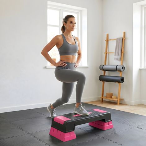 Stepper aérobic réglable en hauteur, 3 niveaux (12/17,5/22,5 cm), plateforme fitness avec tapis antidérapant noir et rose, équipement d'entraînement domestique (1/5)