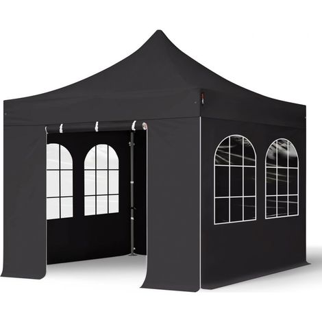 3x3 m Faltpavillon, PREMIUM Stahl 40mm, Seitenteile mit Sprossenfenstern, schwarz