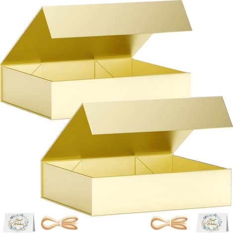 Lot de 2 boîtes cadeaux, 30x20x7,6 cm, pour présentations avec couvercles à fermeture magnétique, rectangulaire, pliable, pour boîte propositive, mariage, Noël, Halloween, anniversaire(Doré) (1/5)