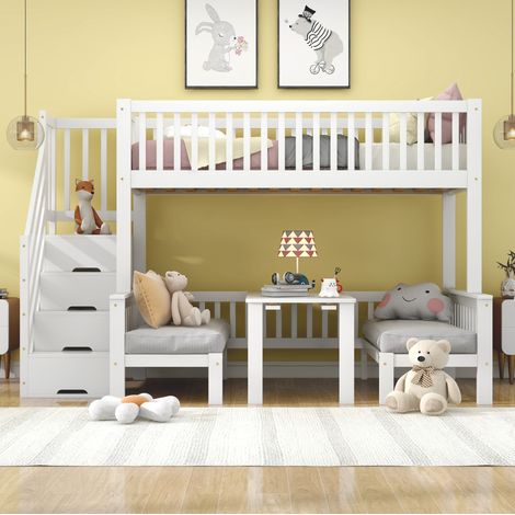 Letto a castello bambini 90x200/120x200 cm con scrivania regolabile, scala contenitore e sponde di sicurezza, in legno bianco, materasso non incluso (1/5)