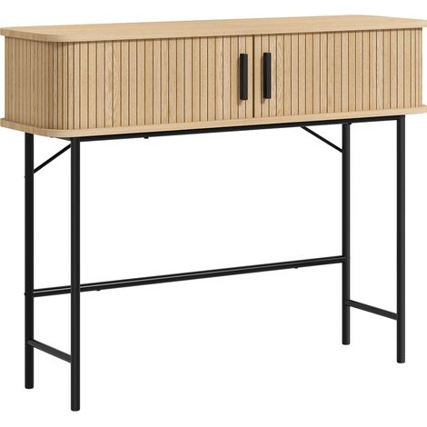 Meuble d'entrée, table console à portes coulissantes en lamelles, piètement métallique, pour séjour, couleur chêne et noir (1/5)