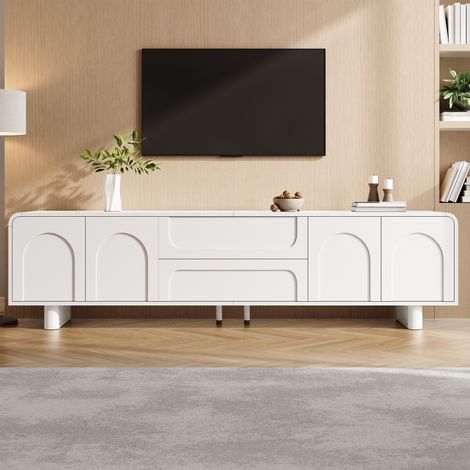 TKOPY - Meuble tv 180 cm longueur - meuble tv blanc avec un design circulaire - table television salon conception aux angles arrondis - meuble tv avec rangement avec 4 portes et 2 tiroirs (1/5)