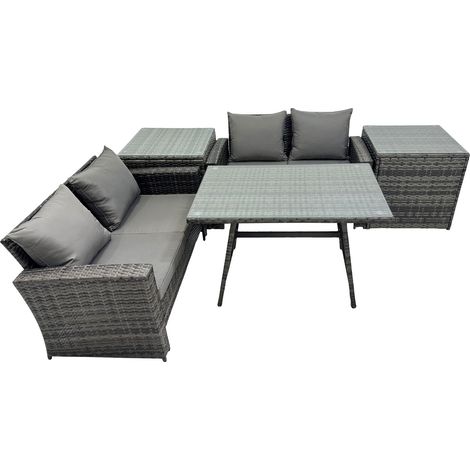 Fimous 4 Seater Wicker PE Rattan Furniture Outdoor Dining Table Double Seat Sofa 2 Side Table Set Dark Grey Mixed (1/5)