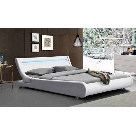 Letto a baldacchino per materasso 160x200 - Struttura + Testata con illuminazione LED Incurve Colore BIANCO + Piedi da 5 cm per materasso - 13 doghe - rivestimento in PVC simil facile da pulire - Mont