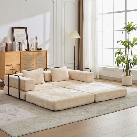 Divano letto da pavimento 200x100x63 cm in ciniglia beige per piccoli spazi - CHICFURN (1/5)