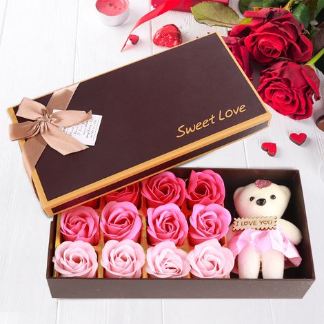 12 Ours en peluche en forme de fleur de rose, cadeau romantique pour la Saint-Valentin avec boîte (rose) (1/5)