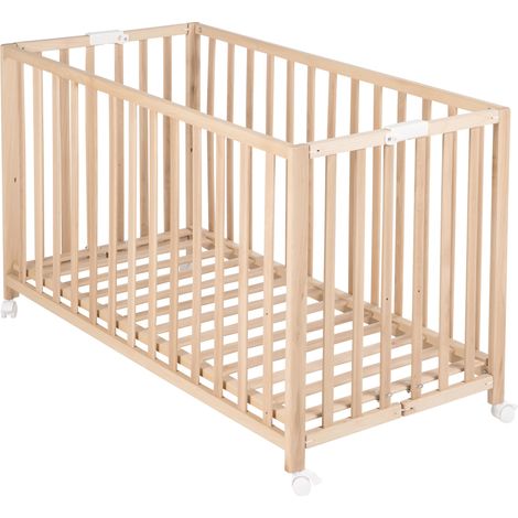 roba Lettino Pieghevole Fold Up 60 x 120 cm - per Neonati e Bambini - Regolabile in 3 Altezze Diverse - Ruote con Freni - Capacità Max 40 kg - Faggio Biologico Naturale (1/5)