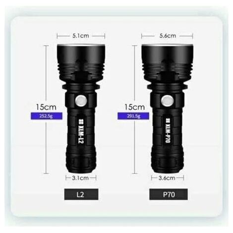 P70 Lampe  Poche étanche LED rechargeable haute puissance 30000-100000 lumens, Ultra lumineuse 3 modes la plus puissante lampe de poche rechargeable USB (50W-P70, Batterie au lithium unique) (1/4)