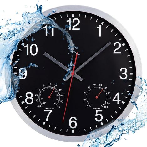 Horloge Murale étanche extérieure de 30 cm avec Affichage de la température et de l'humidité, silencieuse, alimentée par Piles, pour Cuisine, Chambre, Salon, Salle de Bain, Piscine et Jardin